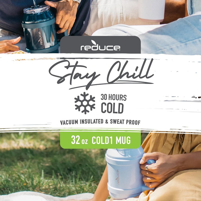 Reduce Reusable 32 oz Cold1 Water Tumbler – Ergonomic Handle – Double-Wall Insulation – Sturdy Desktop/Tabletop Mug with Lid and Straw – BPA-Free – Stainless Steel for Gym, Home, or Office– Cotton - Image 2